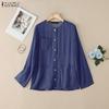 Women Casual Round Neck Solid Color Loose Long Sleeve Blouse
