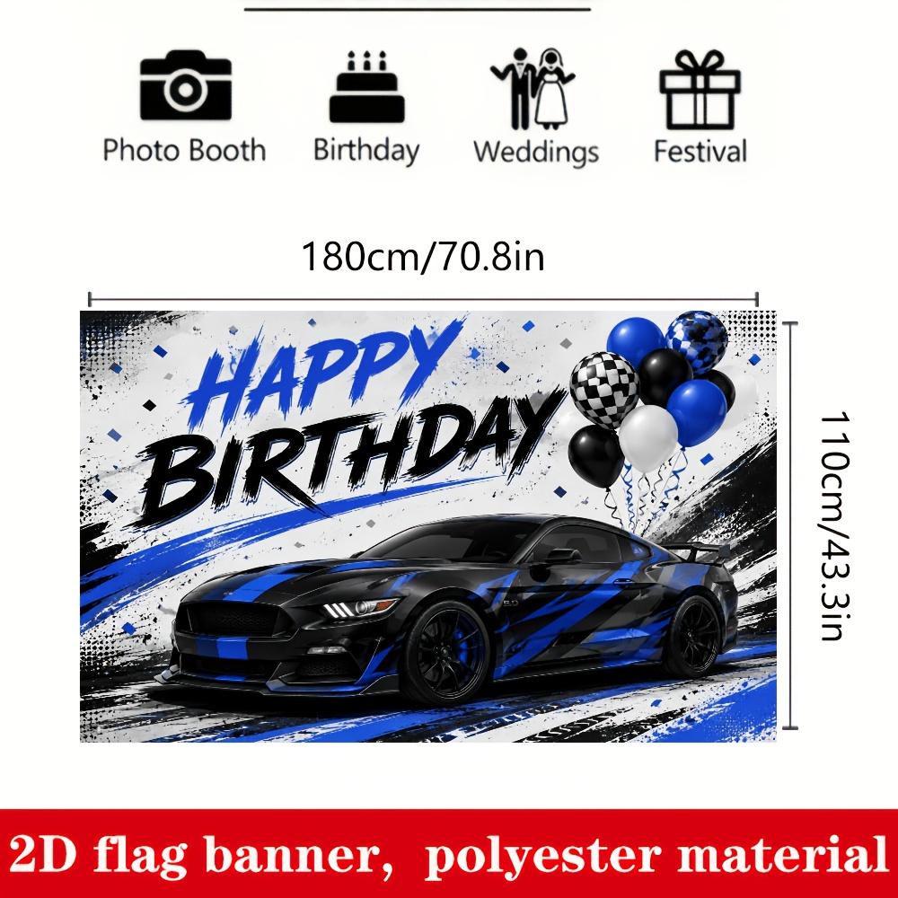 Racing Car Birthday Party Banner Backdrop, Black Blue Sports Car Checkered Balloon, Polyester, No Power, Photo Wall Decor