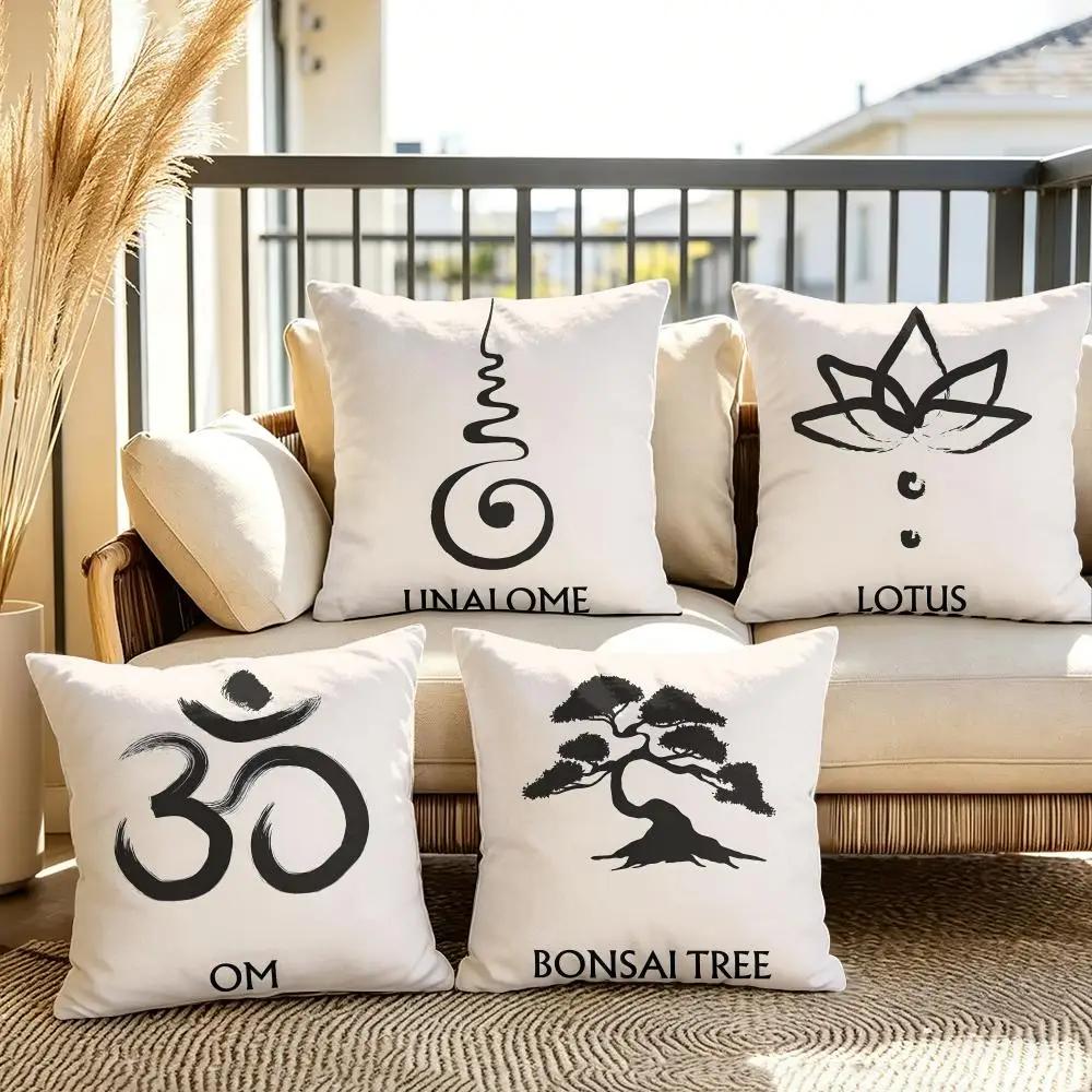Abstract Lotus Zen Symbols Cushion Cover Summer Linen Pillow Case Organic Fabric Cushion Cover DoubleSided Sofa Home Decor
