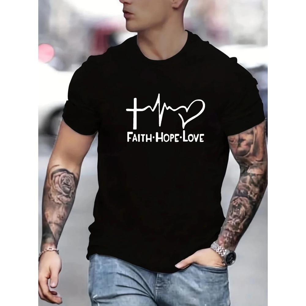 Men's 100% Cotton Fashionable Casual Sports Loose Fit Plus Size FAITH HOPE LOVE Printed Round Neck Short Sleeved T-shirt Top