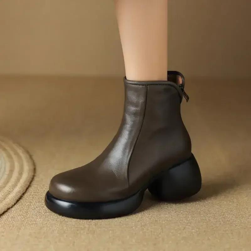 Женские короткие ботинки Новые зимние кожаные ботинки на толстой подошве с круглым носком Ретро британский стиль с плюшевой подкладкой Удобные модные ботинки