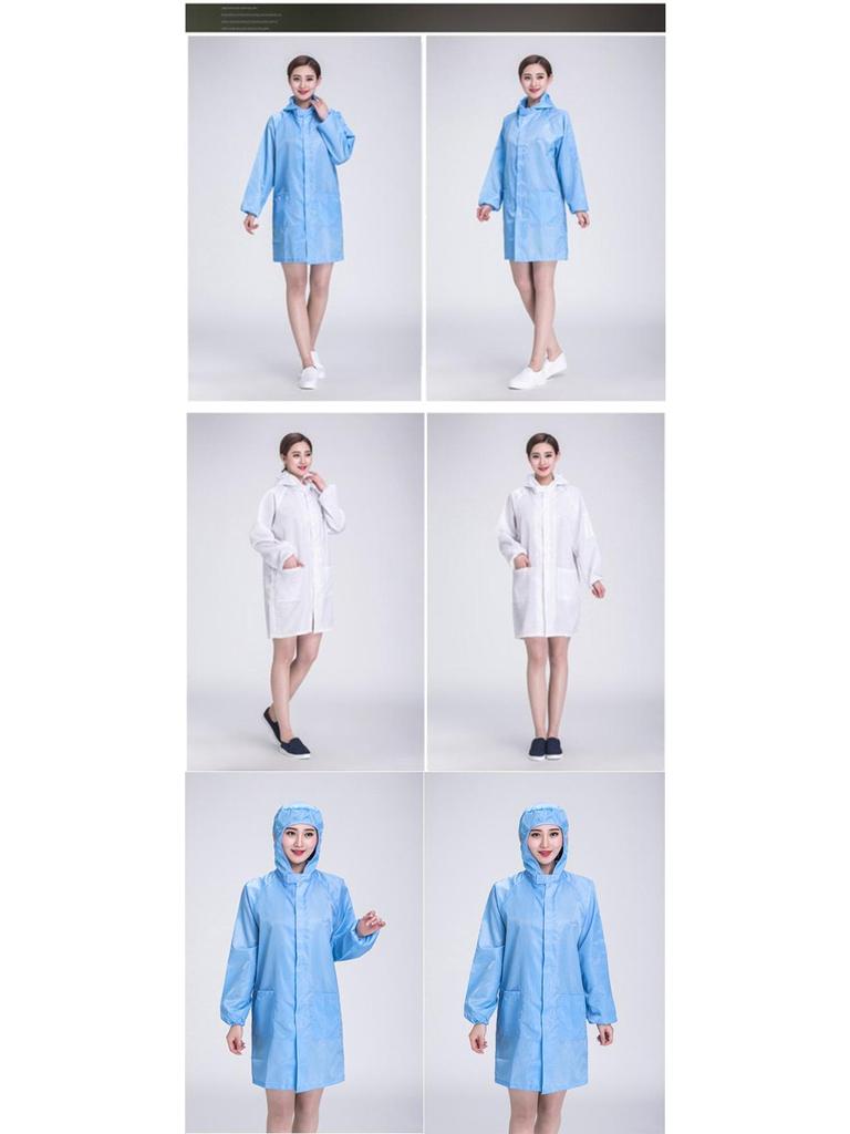 Unisex Anti-Static Dustproof Lab Coat with Hood - Long Sleeve, Blue/White for Cleanroom & Workshop.