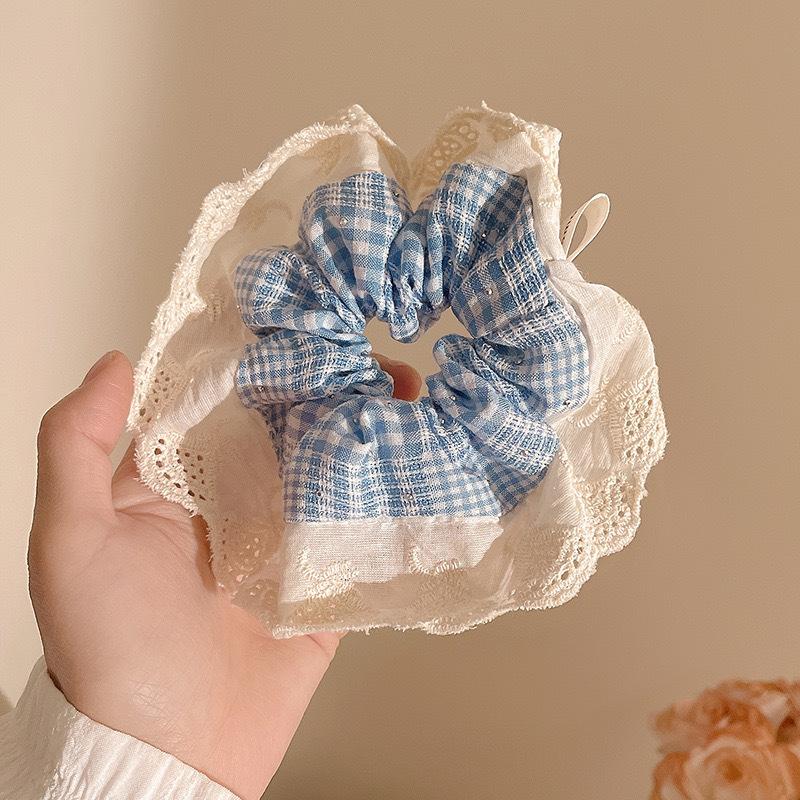 Blue Checkered Pattern, Bow Tie, Lace Handkerchief, Headband, Female, Korean Style, Oversized Headband, Hair Accessory