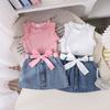 Girls Casual Suit Summer Kids Fashion Sleeveless Crew Neck Vest + Denim Shorts Suit