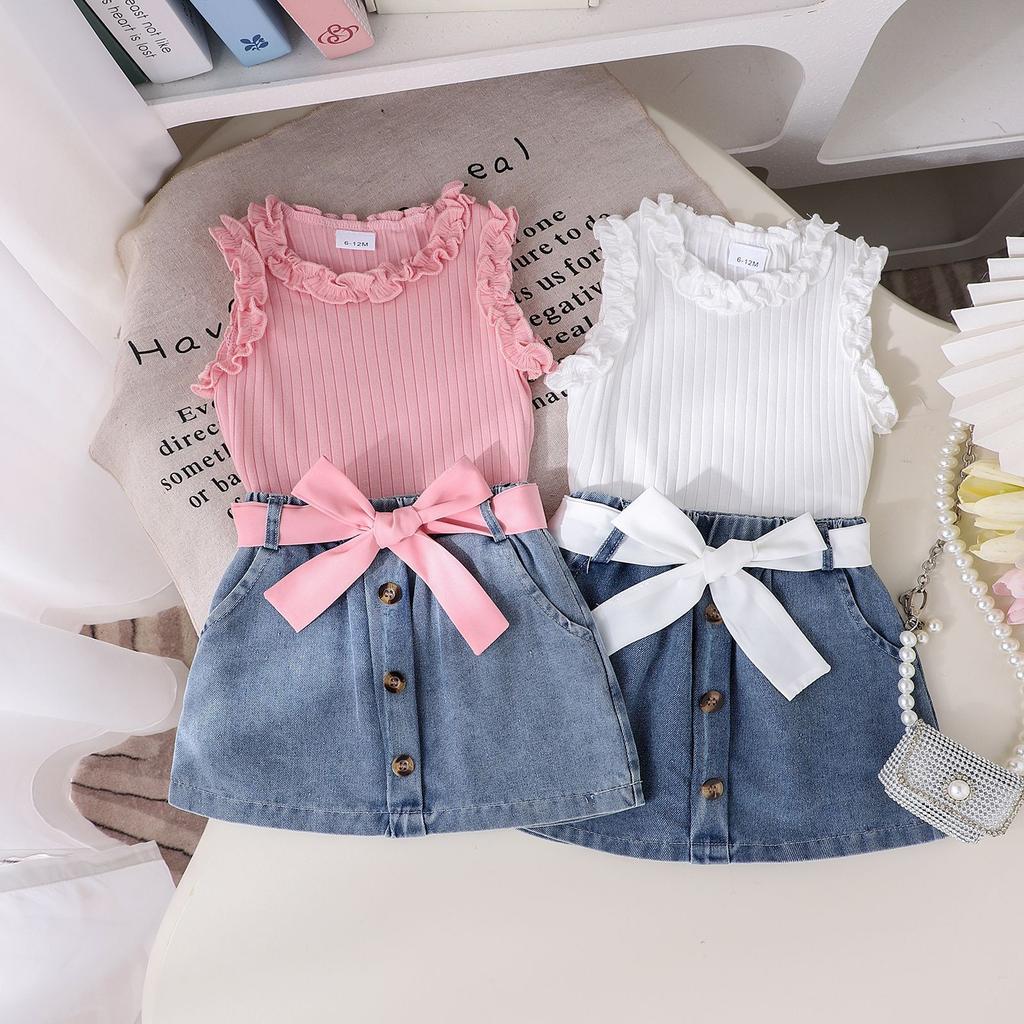 Girls Casual Suit Summer Kids Fashion Sleeveless Crew Neck Vest + Denim Shorts Suit