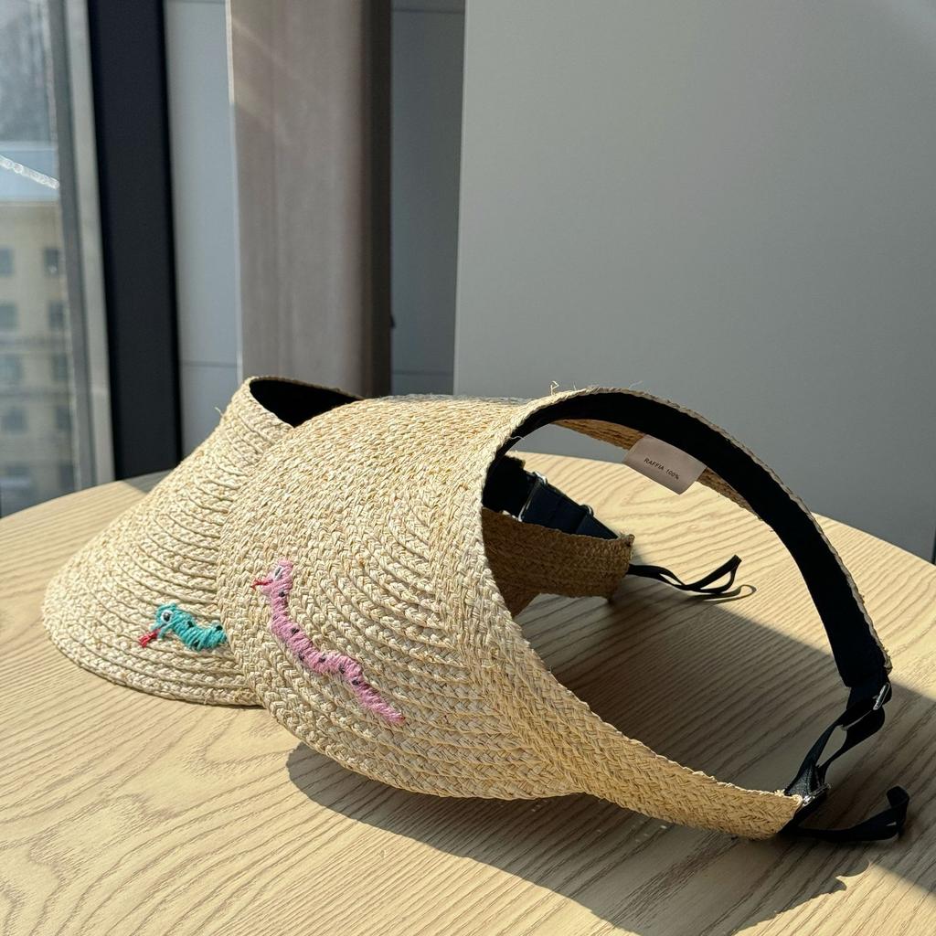 Lucky Snake Raffia Straw Visor Hat for Women, Summer Beach Outing Sun Protection Elastic Straw Visor Hat, Trendy