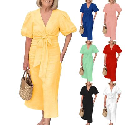 Женское длинное однотонное хлопковое платье с V-образным вырезом и рукавами-пузырьками, модное платье