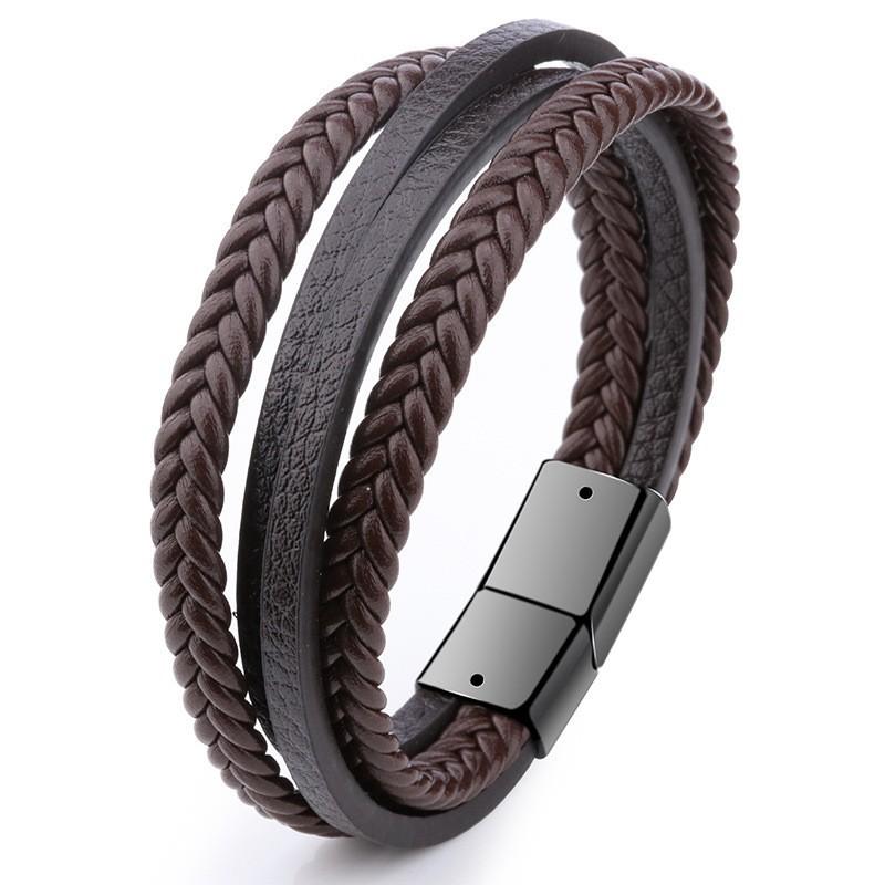 Handmade Braided Leather Rope Bracelet Retro Men's Jewelry Alloy Magnetic Clasp Adjustable Length DIY Woven Bracelet Gift