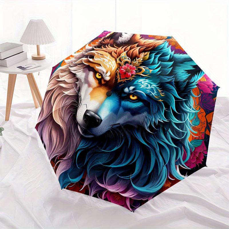 Colorful Wolf Head Circle Sticker Decal for Laptop Phone Tablet CarUmbrella, Portable 3-Fold Compact Umbrella for Men & Women Gift