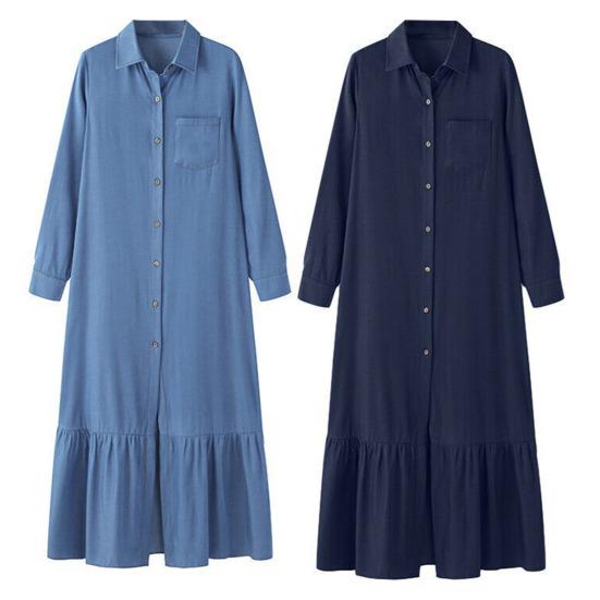 Женское платье макси с отложным воротником и длинным рукавом, однобортный кардиган, свободный однотонный цвет с рюшами в стиле пэчворк, струящийся подол, для путешествий, поездок на работу, весна-лето