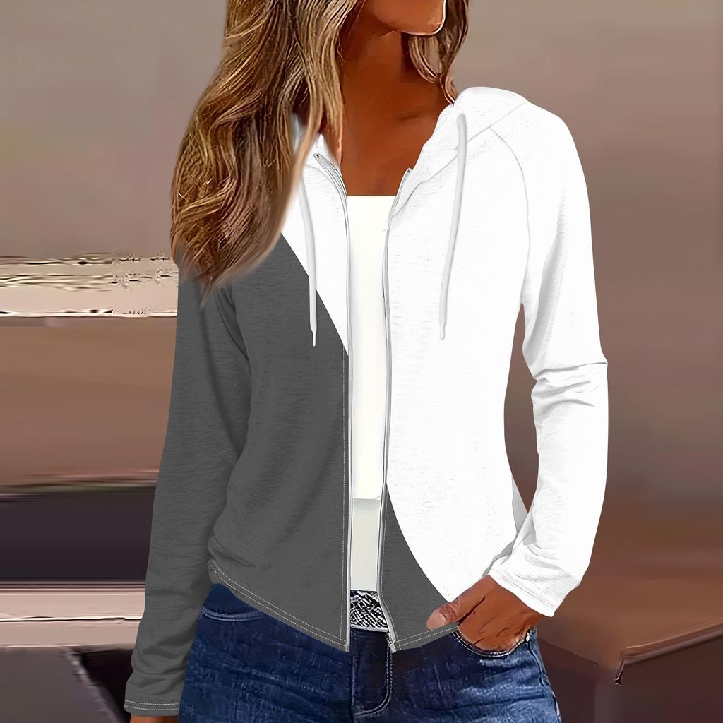 Women's Fashion Casual Zip Up Hooded Print Long Sleeve Sweatshirts Coat