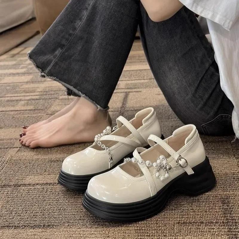Thick Soled Mary Jane Shoes for Women  New Sweet Buckle Loafers Pearl Chain Round Toe Platform Dress Lolita Shoes Pumps