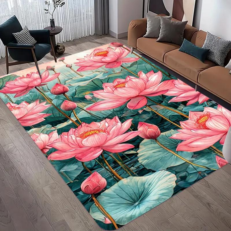 Watercolor Pink Lotus Green Leaf Oriental Area Rug Non Slip Soft Floor Carpet Traditional Floral Mat For Living Room Bedroom