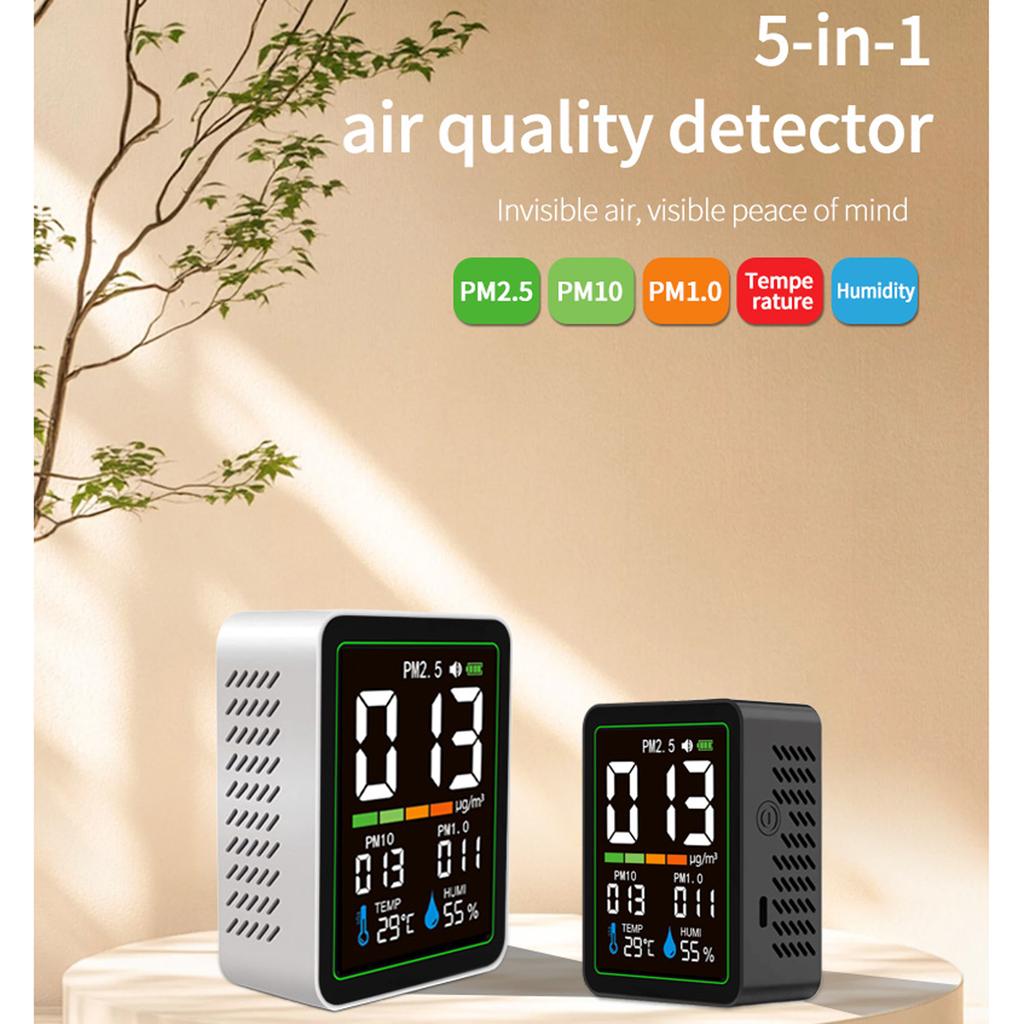 5-in-1 Indoor Particle Monitor with LCD Color Screen PM1.0 PM2.5 PM10 Tracking Temperature Humidity Display USB-C Rechargeable Portable Design