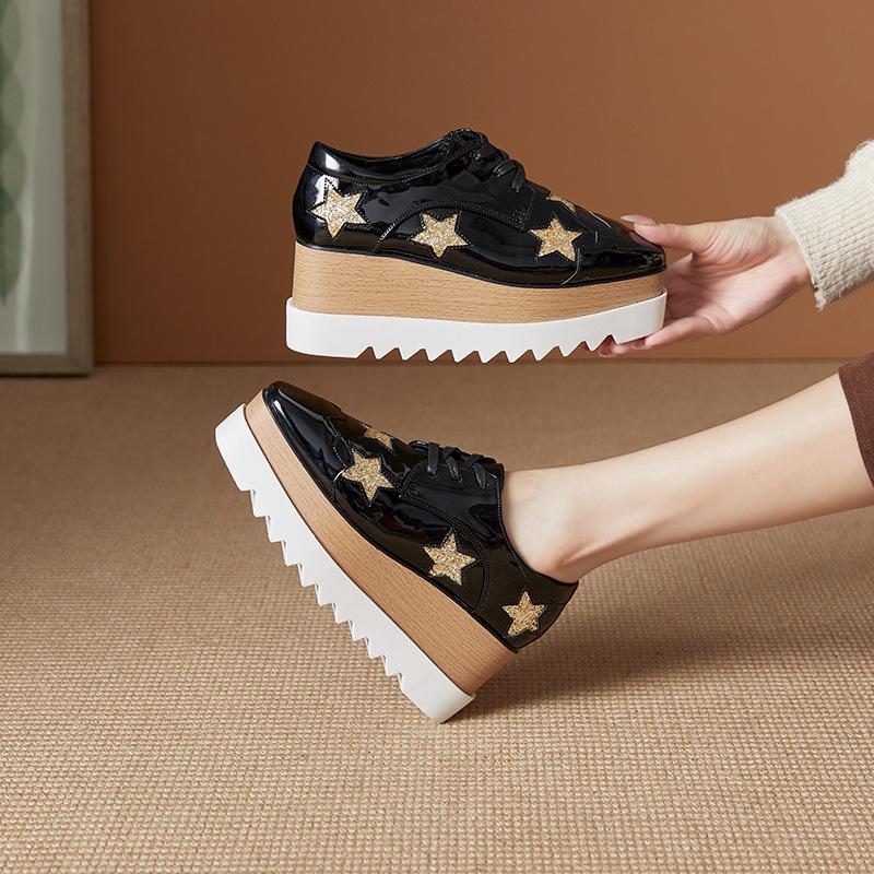 Slim and Versatile 2024 Spring New Star Thick Sole Sponge Cake Sole Casual Shoes Lace Up Slope Heel Shoes Women's British Style HZB