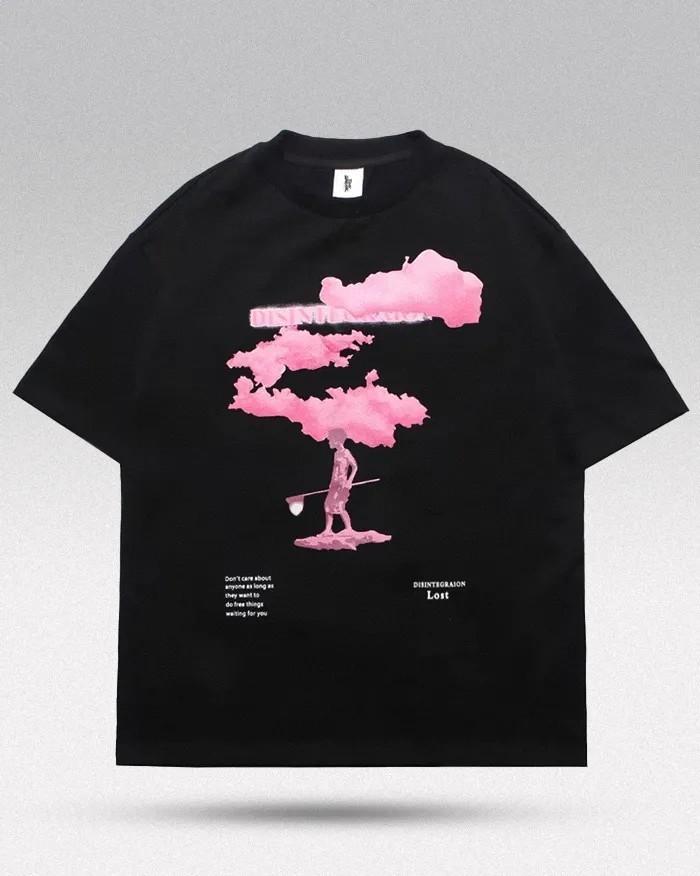 Y2K Dark Oversized Tee Pink Surreal Cloud Character Lost Slogan Indie Aesthetic