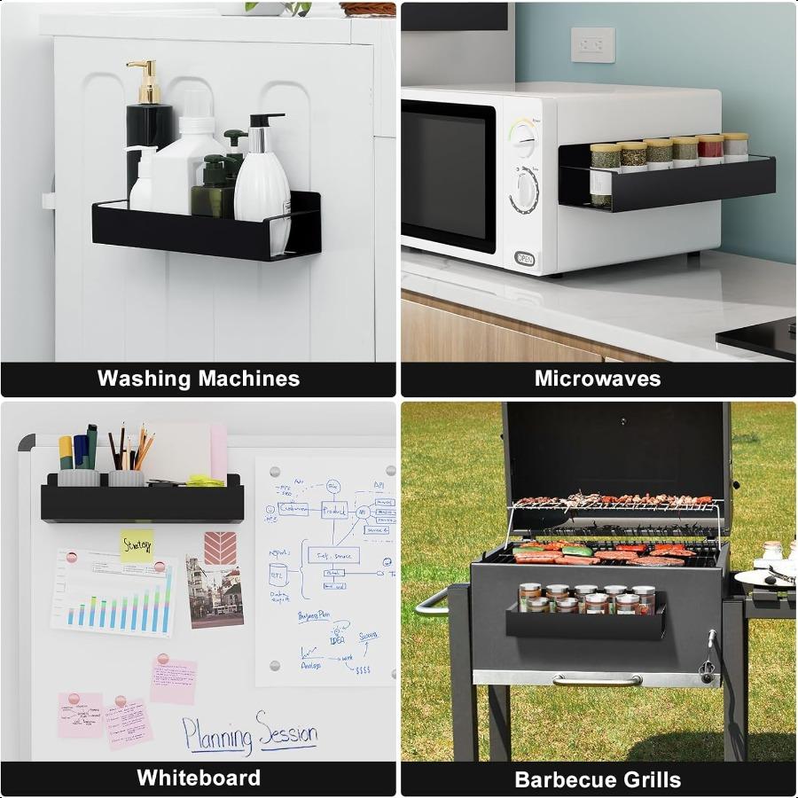 Магнитная полка для специй для холодильника, органайзер для кухни для организации и хранения, 4 штуки, черная металлическая полка с 8 перемещаемыми крючками