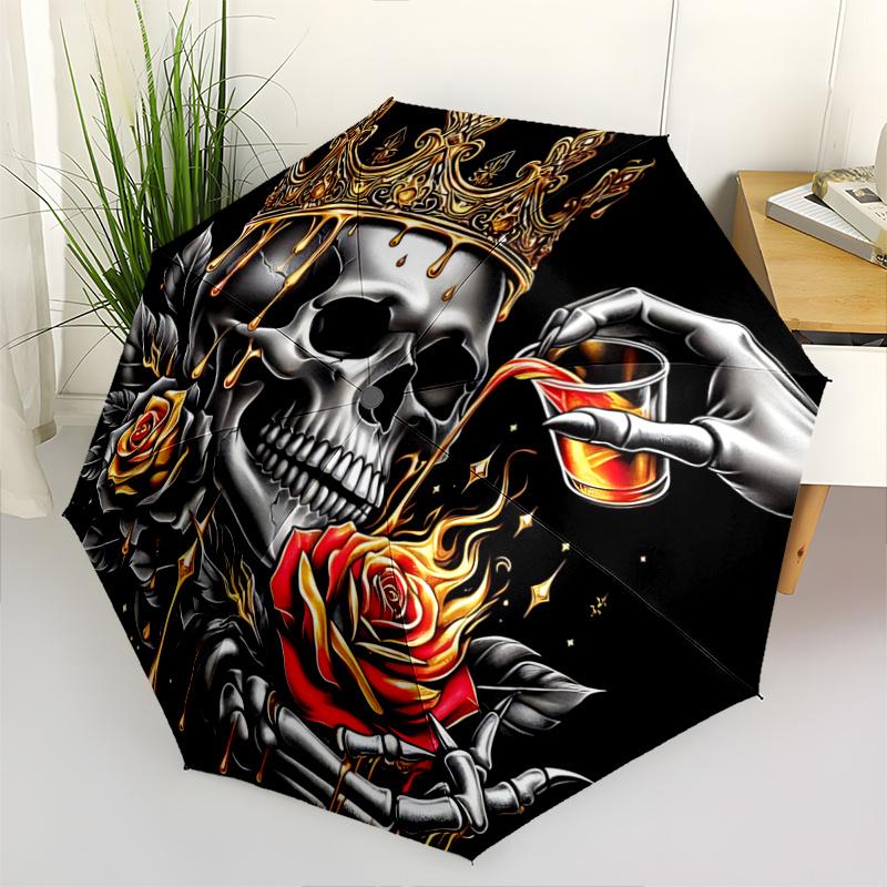 1pc Golden Crowned Skull with Roses Automatic Opening and Closing Umbrella - Small Umbrella Suitable for Various Occasions W049