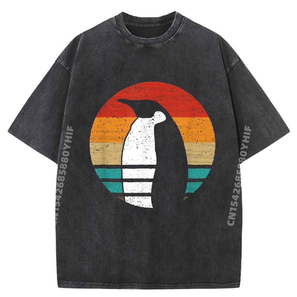 Penguin Retro Style Vintage Mens Clothing 2026 Graphic Tees Leisure Washed Shirt Classic Printed Clothes