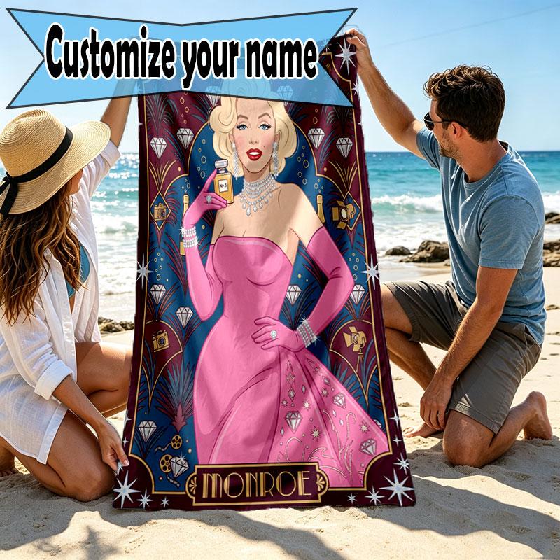 Custom Name Personalized Marilyn Monroe Print Beach Towel, for Trip Camping Beach Party Home Decor, Birthday Gift for Family & Friends