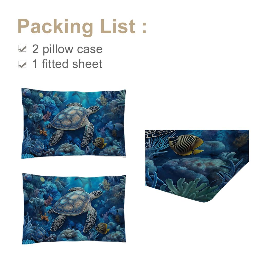 Sea Turtle Pattern 3-Piece Bedding Set With 2 Pillowcases For Living Room And Bedroom (Ocean World, Room, Decoration)