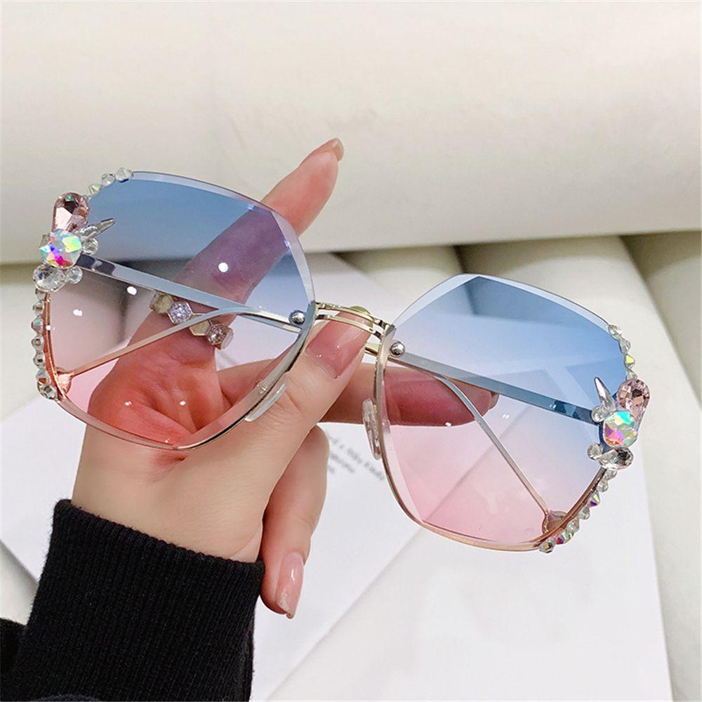 Retro Cutting Lens UV400 Women Sun Glasses Gradient Rhinestone Sunglasses Rimless Sunglasses
