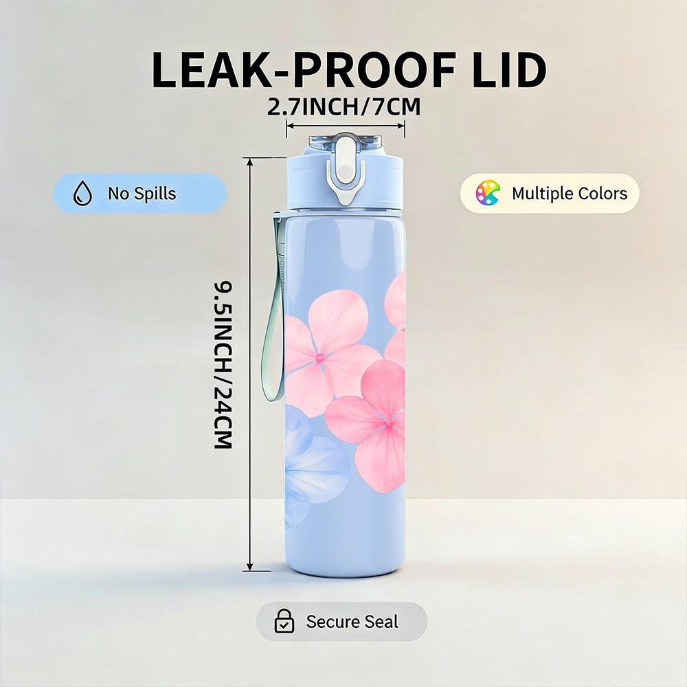 1PC Soft Pink Cherry Blossom Flower Print 750ml Color Plastic Sports Water Bottle Leakproof Flip Straw Lid Suitable for Sports Office Home Use