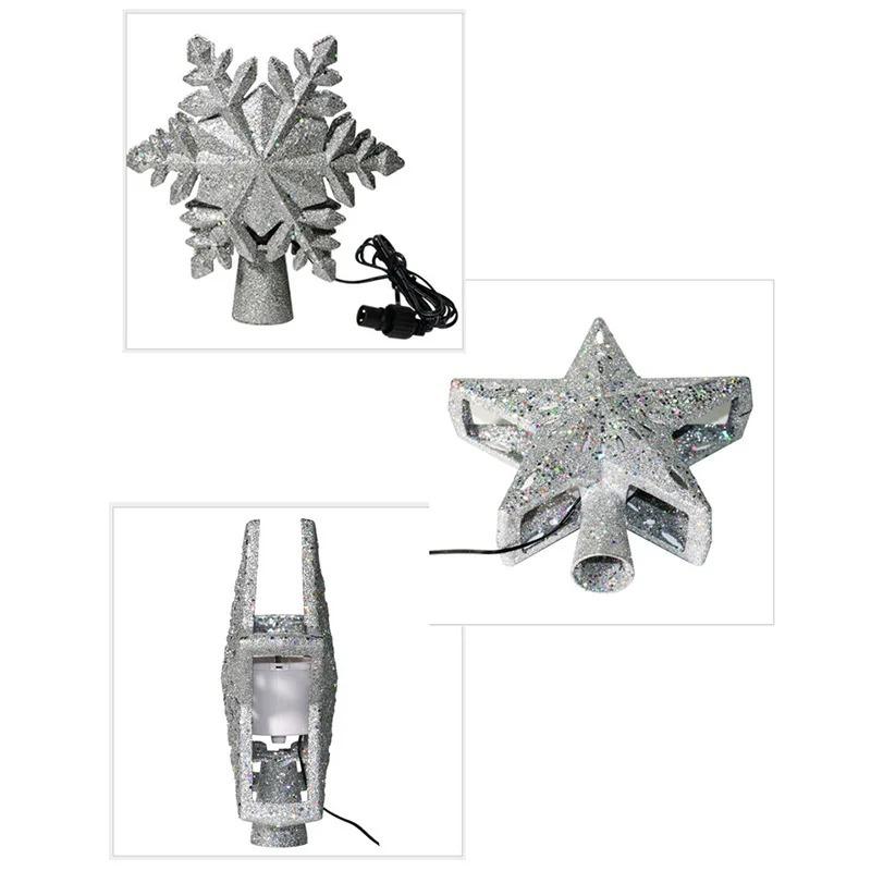 Звезды-снежинки Верхушки для рождественской елки Встроенная светодиодная подсветка для рождественской елки 3D Глиттерная проекция Серебро Золото Декор для вечеринки