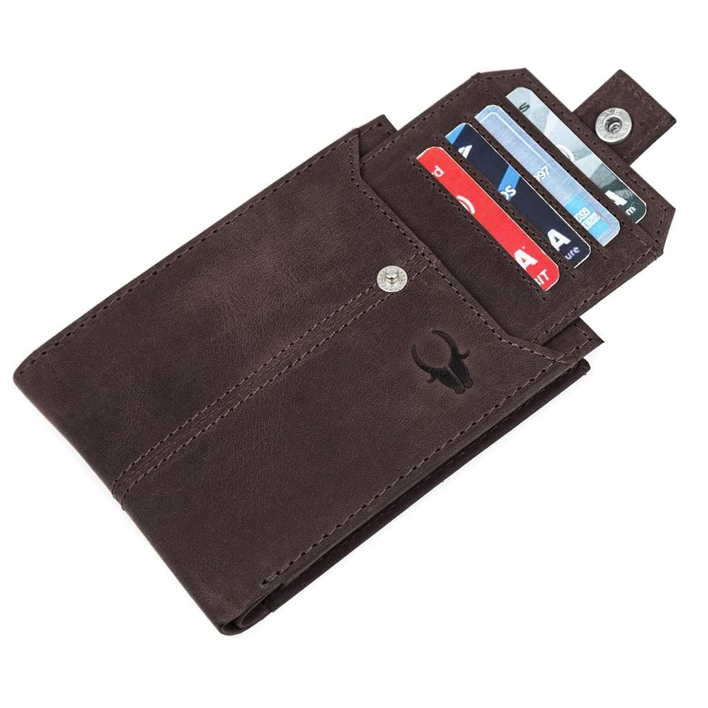 Leather Wallet for Men Ultra Strong Stitching Handcrafted Zip Wallet with 9 Card Slots 2 ID Slots (Dark Brown Hunter)