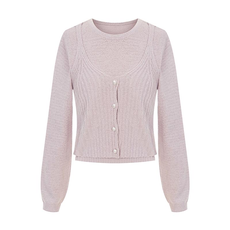 SELLY'S Layered Pearl Button Crop Knit_I6A-Ckn014