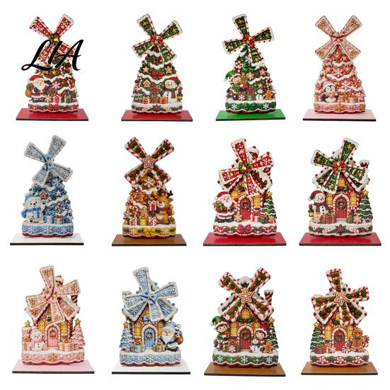 Christmas Snowman Home Accents Windmill Wooden Ornament, Decorative Craft with Rotating Theme Desktop Ornament Blades, Handmade Figurine for