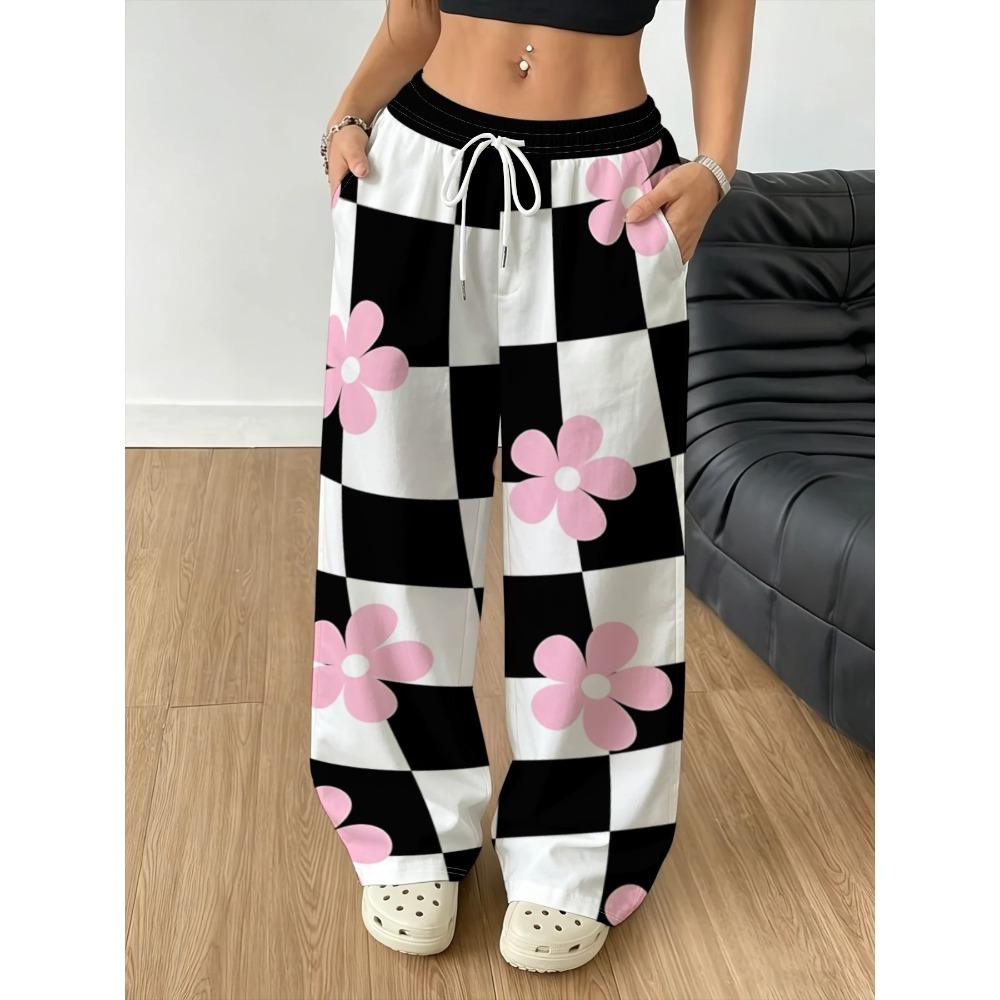 Ladies casual trousers, retro wide-leg trousers, plaid bohemian print, comfortable and breathable