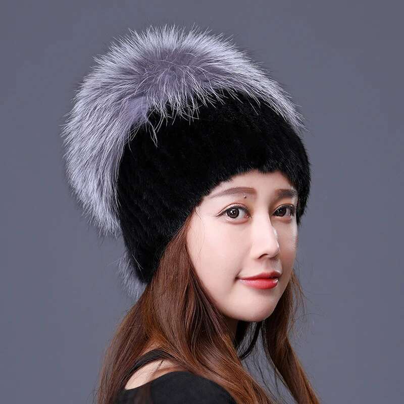Mink Fur Hat Women Natural Fur Warm Ear Protection Hat Genuine Fox Fur Beanies Real Fur Cap Female Fluffy Snow Cap With Fur