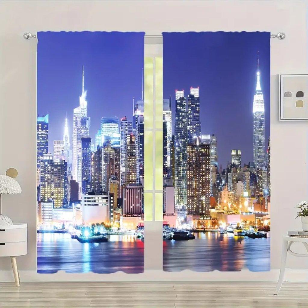 Современные панели штор с затемнением в виде ночного Нью-Йорка - неоновая городская светофильтрующая драпировка с карманом для штанги для гостиной