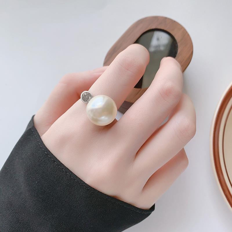Jewelry Copper Gold Plated Simulation Pearl Simple Wind Ring Female 14Mm
