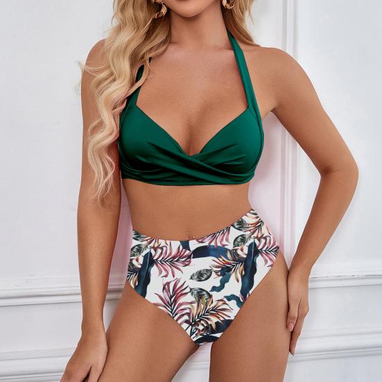 2Pcs/Set Women Sexy Bikini Set Halter Solid Color Bra Leaf Print High