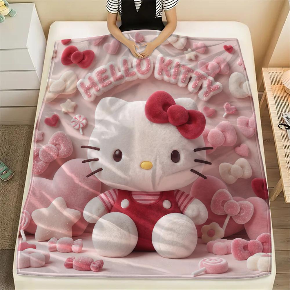 1 шт. Фланелевое одеяло с милым принтом Hello Kitty, Высокое качество, Для всех сезонов, Декор для дома, Тепло и уют, Идеально для рождественских подарков