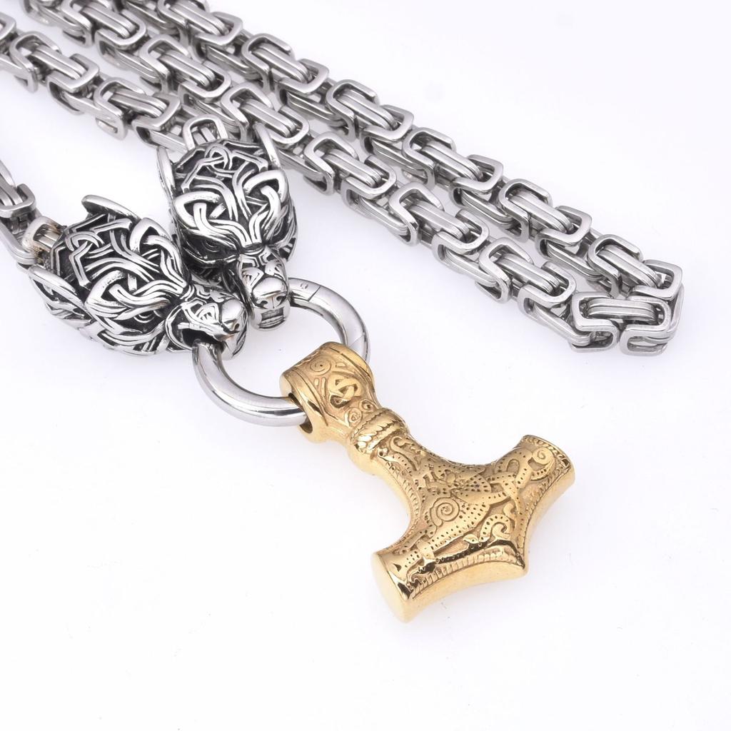 Stainless Steel Thor 'S Hammer Pendant Necklace Wolf Head Stainless Steel Necklace Men 'S Accessories