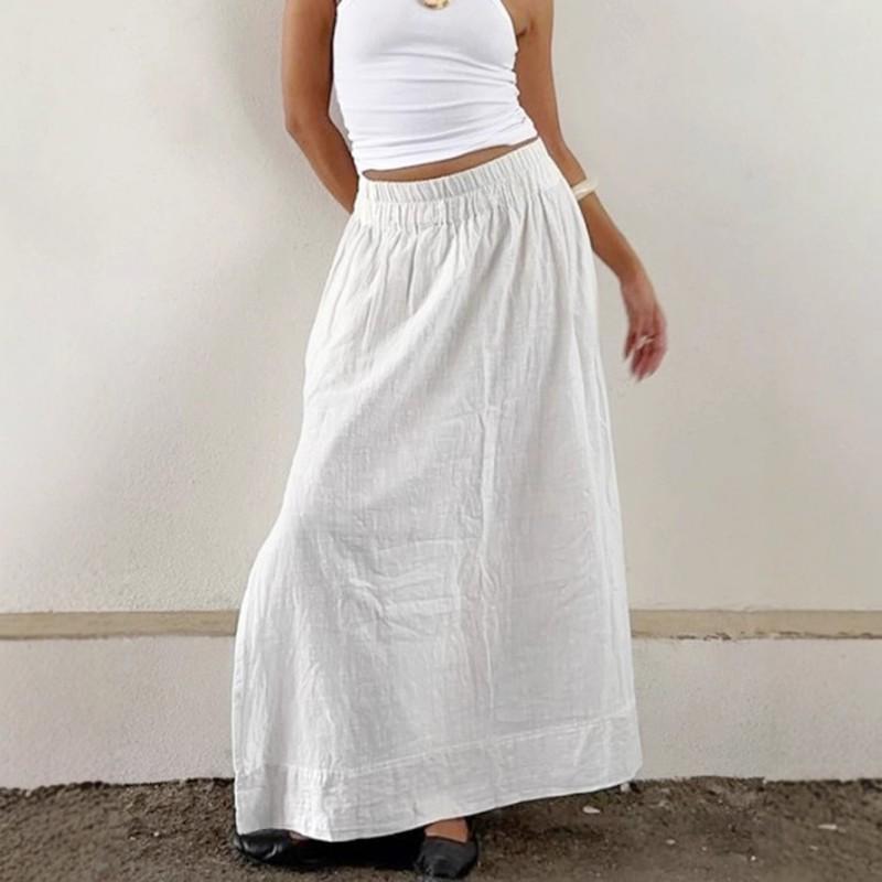 Elegant Minimalist White Linen Cotton A-Line Maxi Skirt Women