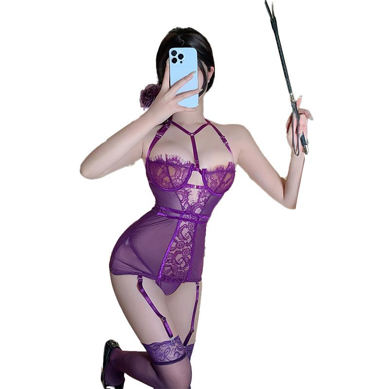 Sexy lingerie pure lust sexy purple transparent tight body no temptation uniform robe pajamas