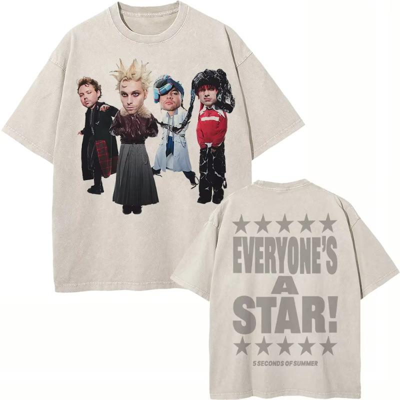 100% Хлопок Винтажная Стирка 5 Seconds of Summer Everyone’s A Star Мировой Тур 2026 Футболка Мужская/Женская Оверсайз Свободная Кислотная Стирка Футболки