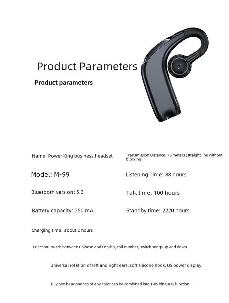 M99 Ear-Hook Bluetooth 5.2 Wireless Sports Business Headset – Long Standby, Hot Sale