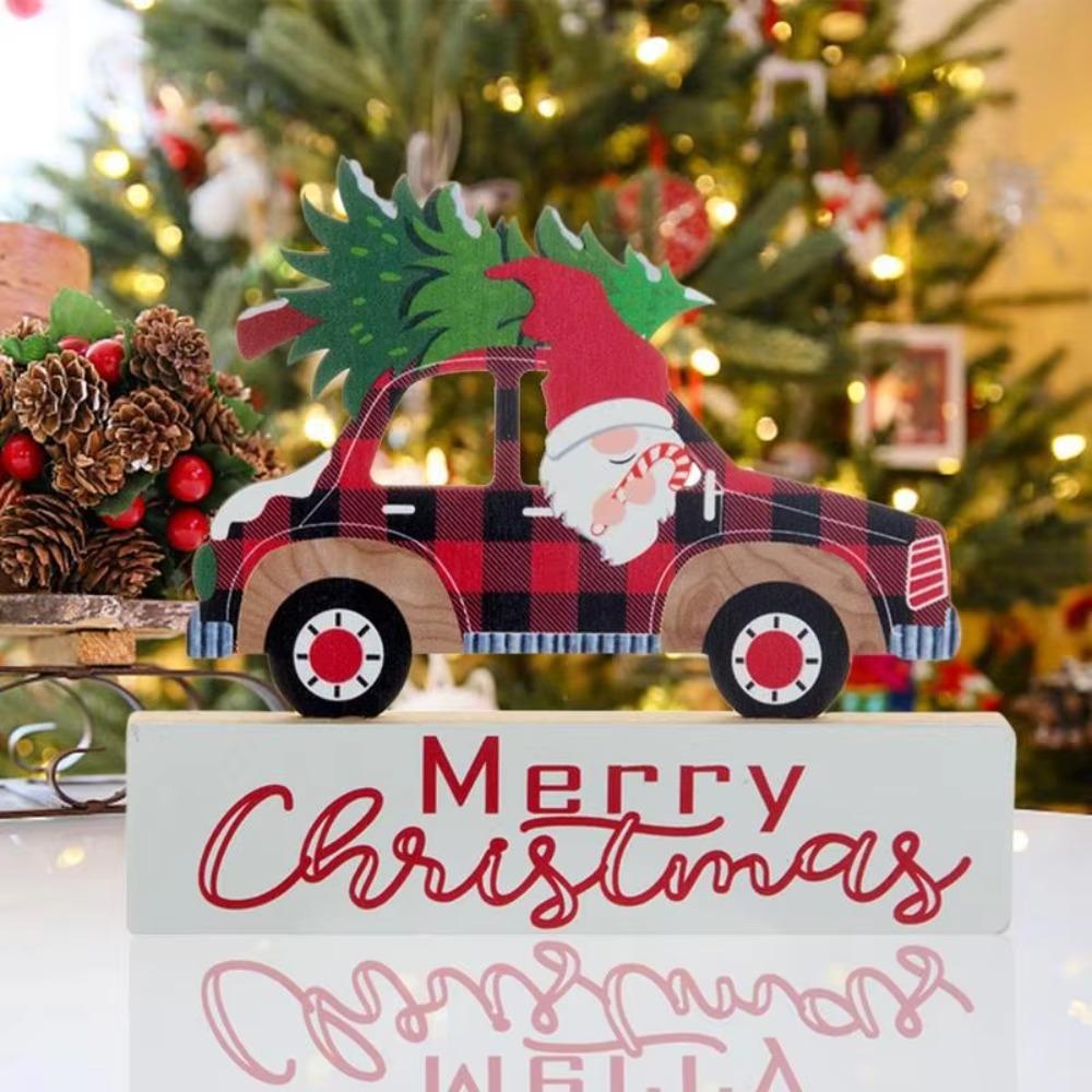 2Pcs DIY Christmas Desktop Ornaments Cartoon Table Centerpiece Santa Wood Plaque Signs New Years