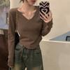 Careful Clavicle V-neck Long-sleeved T-shirt Bottoming Shirt for Women Autumn Winter Korean Style Slim-fitting Short T-shirt Top