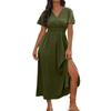 Women's Summer Fashion Sexy Comfortable Wrap Waist Maxi Dress V Neck Side Slit Casual Dress A-Line Long Short Sleeve Solid Color Dress