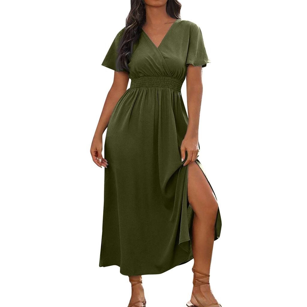 Women's Summer Fashion Sexy Comfortable Wrap Waist Maxi Dress V Neck Side Slit Casual Dress A-Line Long Short Sleeve Solid Color Dress
