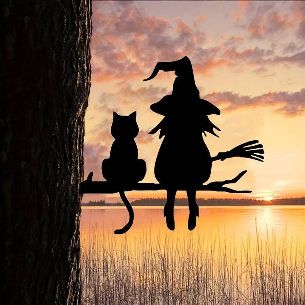 Metal Silhouette Cute Witch And Cat Garden Stump Patio Decorative Gardening Lawn Stump Inserts