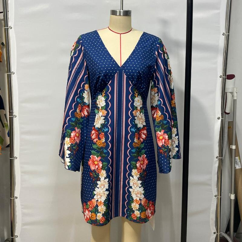 Deep V-neck Backless Long Sleeve Sexy Summer Dress Women Elegant Fashion Print Casual Short Dresses Women A Line Loose Waist Vintage Dress 25917