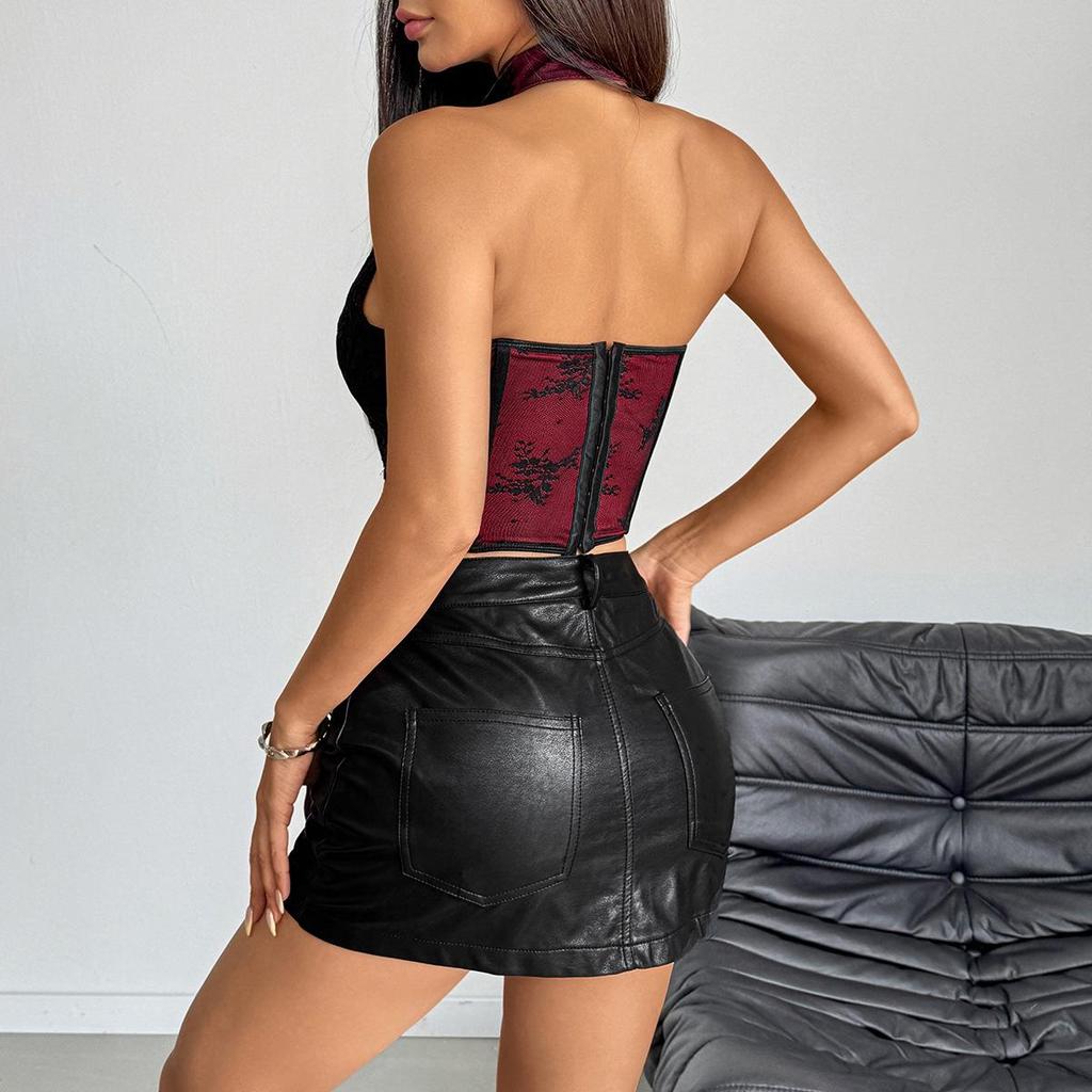 Elegant Lace Qipao Halter Neck Slim Fit Strapless Backless Crop Top