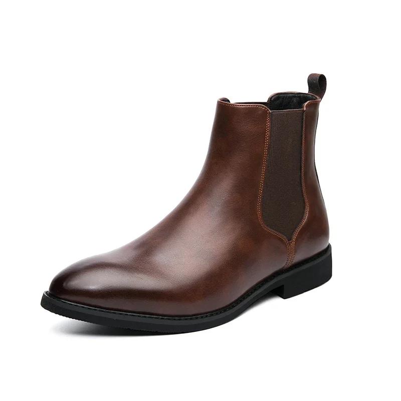2024 New Chelsea Boots Men Shoes PU Brown Fashion Versatile Business Casual British Style Street Party Wear Classic Ankle Boots